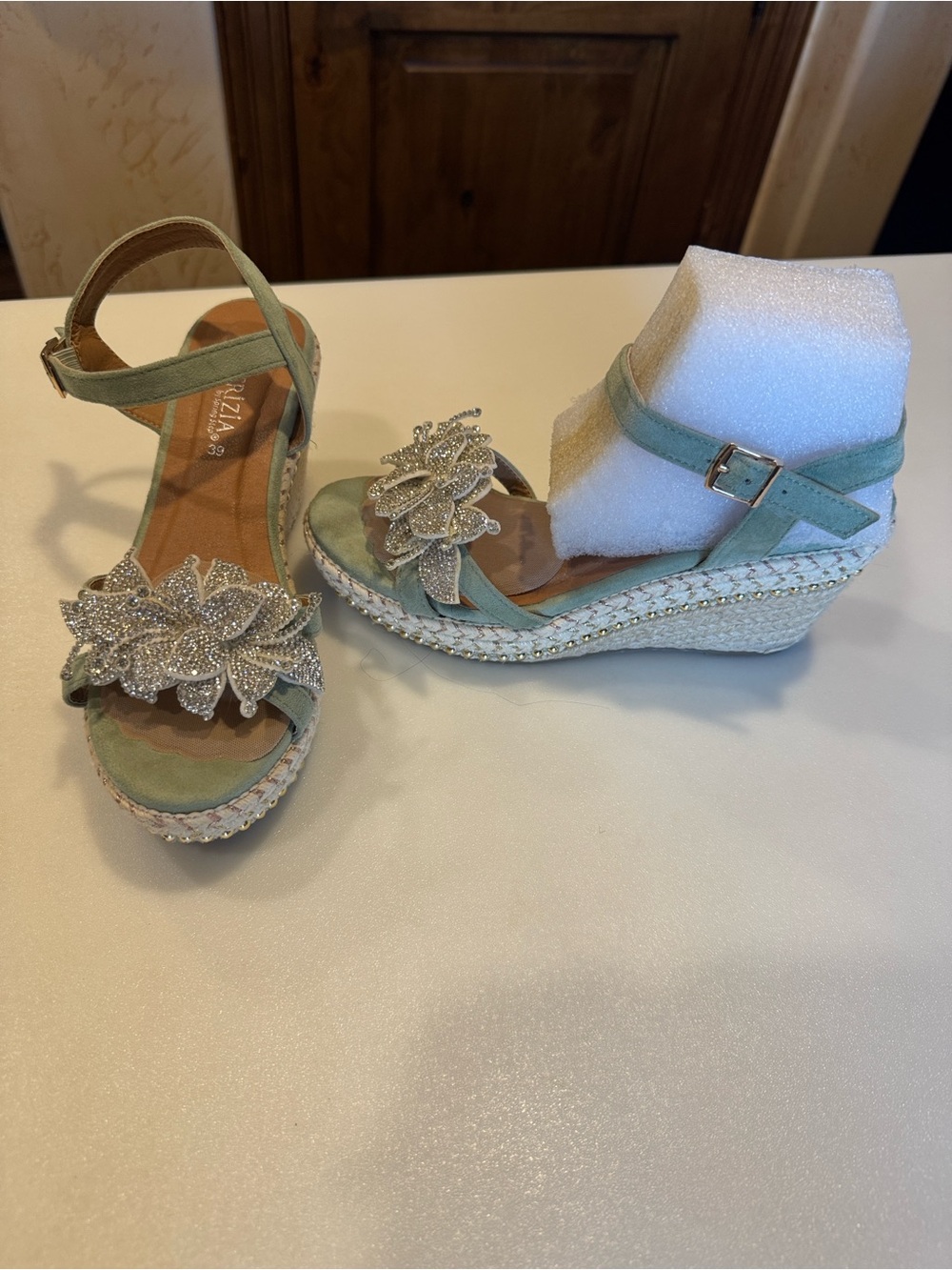 Espadrille Wedge Sandals with Glitter Floral Accent - Patrizia Mint Green